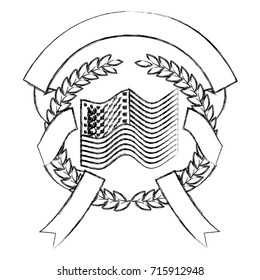 united states flag inside of circle of olive branches and ribbon interlace in monochrome blurred silhouette vector illustration