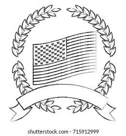united states flag inside of circle of olive branches and ribbon on bottom in monochrome blurred silhouette vector illustration