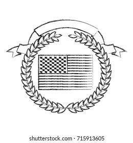 united states flag inside of circle of olive branches with ribbon on top in monochrome blurred silhouette vector illustration