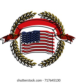 united states flag inside of circle of olive branches with ribbon on top in watercolor silhouette vector illustration