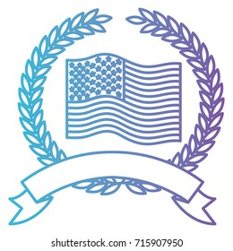 united states flag inside of crown olive branches with ribbon on top in color gradient silhouette from purple to blue vector illustration