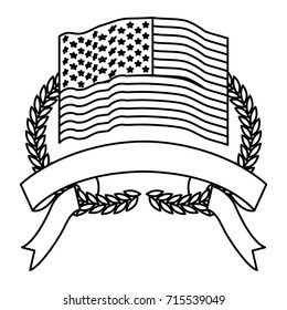 united states flag inside of olive branches bow and ribbon on bottom in monochrome silhouette vector illustration
