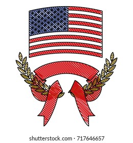 united states flag inside of olive branches and and thick ribbon interlace colored crayon silhouette vector illustration