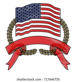 united states flag inside of olive branches bow and ribbon on bottom in colored crayon silhouette vector illustration
