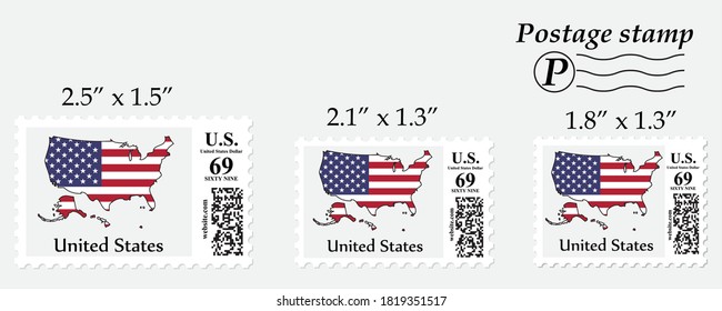 United States flag map on postage stamp different size.