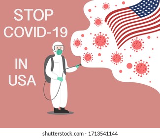 United states flag with Medic in protection clothes support message against covid-19