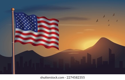 United States flag with mountains and morning sun in the background