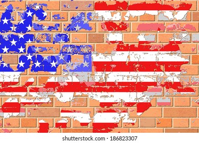 United States Flag on an Old Grunge Brick Wall. - Vector EPS 10.