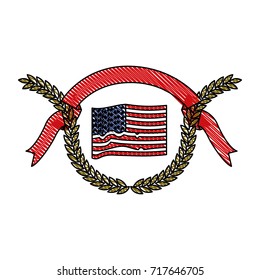 united states flag over olive branches with ribbon on top colored crayon silhouette vector illustration