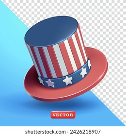 United States Flag Patterned Top Hat, 3d vector. Suitable for events, politics and design elements