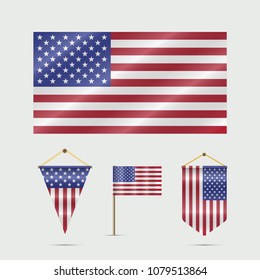 United States Flag, Pennants and US Flag on the Stand. Vector Illustration. Waved Star-Striped Flag of Different Shapes. Hanging Pennant Vector Set.