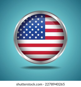 The United States flag. Round glossy. Silver frame. Isolated on color gradient background