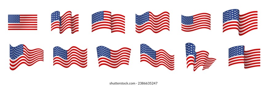 United states flag set, usa symbol, wavy shape flag icon