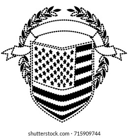 united states flag in shape of shield with olive crown and ribbon on top in monochrome dotted silhouette vector illustration