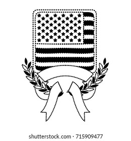 united states flag in shape of square with olive crown and ribbon on bottom in monochrome dotted silhouette vector illustration