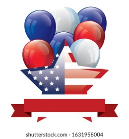 united states flag in shape star with balloons helium and ribbon vector illustration design