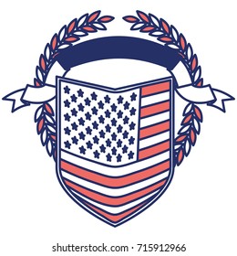 united states flag shield inside of circle of olive branches with ribbon on top in color sections silhouette vector illustration
