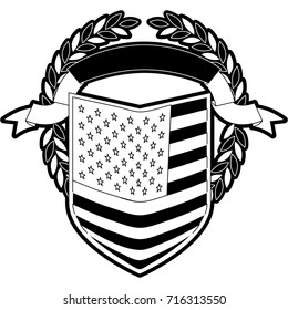 united states flag in shield inside with circular olive branch edge and ribbon with folds in monochrome silhouette vector illustration