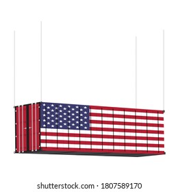 United States flag symbol on cargo containers hang by chain, the concept import and export business of country.