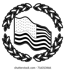united states flag waving with circular crown of olive branches in monochrome silhouette vector illustration