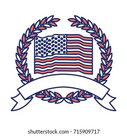united states flag waving inside of crown of olive branches with ribbon on bottom in color sections silhouette vector illustration