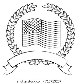 united states flag waving inside of crown of olive branches with ribbon on bottom in monochrome blurred silhouette vector illustration