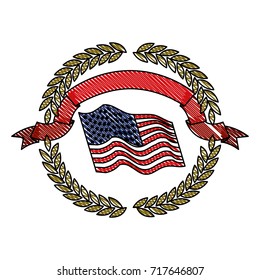 united states flag waving inside of circle of olive branches with ribbon on top in colored crayon silhouette vector illustration