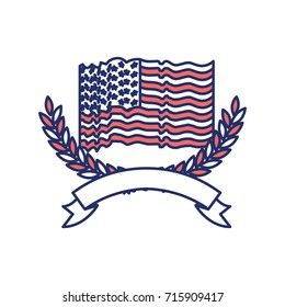 united states flag waving with olive arch branches with ribbon on bottom in color sections silhouette vector illustration