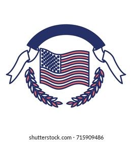 united states flag waving with olive branches and ribbon on top in color sections silhouette vector illustration