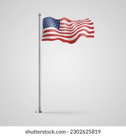 United States flag waving on flagpole. American flag on gray background.