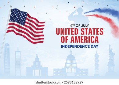 United States Flag Waving On Skyline Background. Republic Day Concept Design Vector Illustration.