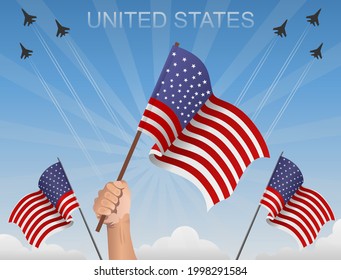 United States flags fluttering under the blue sky