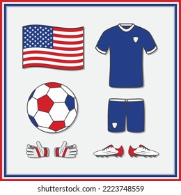 United States Football Cartoon Vector Illustration. Football Jerseys And Football Ball Flat Icon Outline