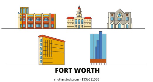 United States, Fort Worth Flat Landmarks Vector Illustration. United States, Fort Worth Line City With Famous Travel Sights, Skyline, Design. 