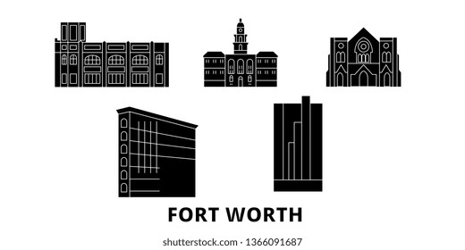 United States, Fort Worth flat travel skyline set. United States, Fort Worth black city vector panorama, illustration, travel sights, landmarks, streets.