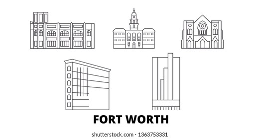 United States, Fort Worth Line Travel Skyline Set. United States, Fort Worth Outline City Vector Illustration, Symbol, Travel Sights, Landmarks.