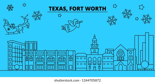 United States, Fort Worth winter holidays skyline. Merry Christmas, Happy New Year decorated banner with Santa Claus.United States, Fort Worth linear christmas city vector flat illustration