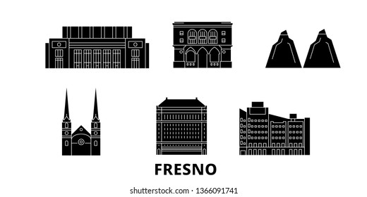 United States, Fresno flat travel skyline set. United States, Fresno black city vector panorama, illustration, travel sights, landmarks, streets.