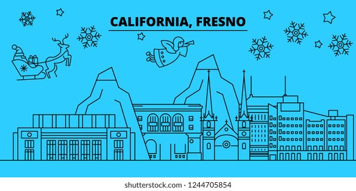 United States, Fresno winter holidays skyline. Merry Christmas, Happy New Year decorated banner with Santa Claus.United States, Fresno linear christmas city vector flat illustration