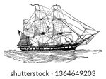 United States Frigate of 1812 where the original six frigates of the United States Navy were authorized by the Congress with the Naval Act of 1794, vintage line drawing or engraving illustration.