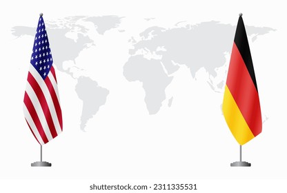 United States and Germany flags for official meeting against background of world map.