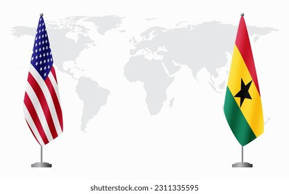 United States and Ghana flags for official meeting against background of world map.