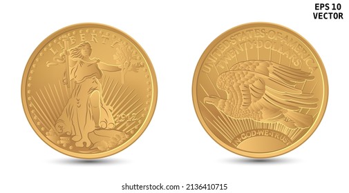 United States Gold Coin Saint-Gaudens double eagle. Antique 20 dollar double eagle gold coin. Vector image. EPS-10. The obverse and reverse sides of the coin are shown.