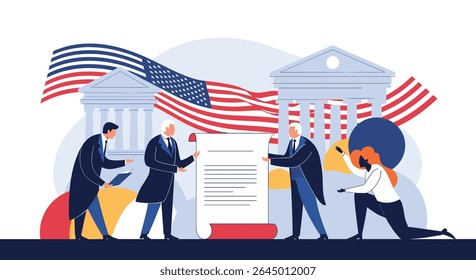 United States Government Legislative Process with Citizens and Federal Buildings and American Flag