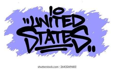 UNITED STATES graffiti in black with spray paint texture over pastel blue. Balanced mix of clean minimalism and urban rebellion. Perfect for street art and graphic use.