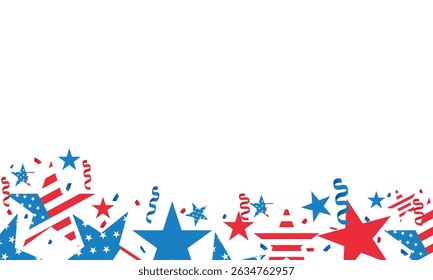 United States graphic overlay with stars, stripes and ribbons isolated on a white background, design element for US holidays