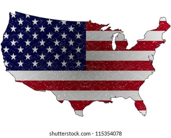 united states grunge map and flag against white background, abstract vector art illustration