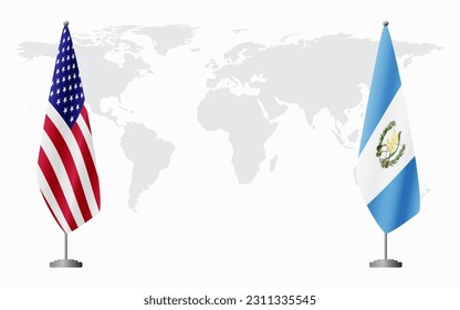 United States and Guatemala flags for official meeting against background of world map.