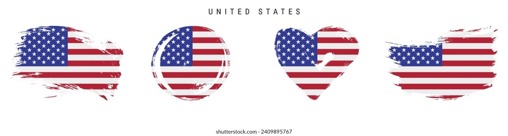 United States hand drawn grunge style flag icon set. American banner in official colors. Free brush stroke shape, circle and heart-shaped. Flat vector illustration isolated on white.