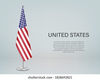 United States hanging flag on stand. Template for politic conference banner